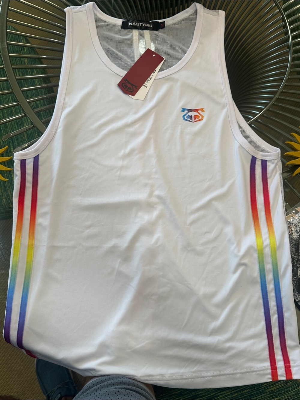 NWT Nasty Pig White Tank with Rainbow Side Stripes